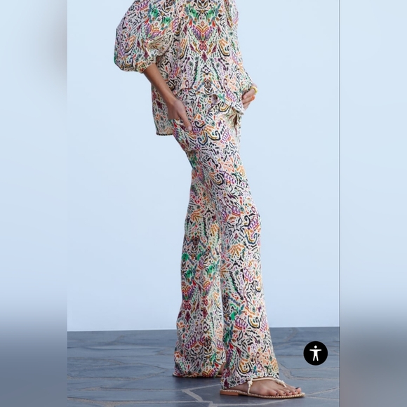 Zara 2 Piece Multicolored Metallic Thread Printed Top & Flared Pants Co Ord Set - Picture 5 of 5